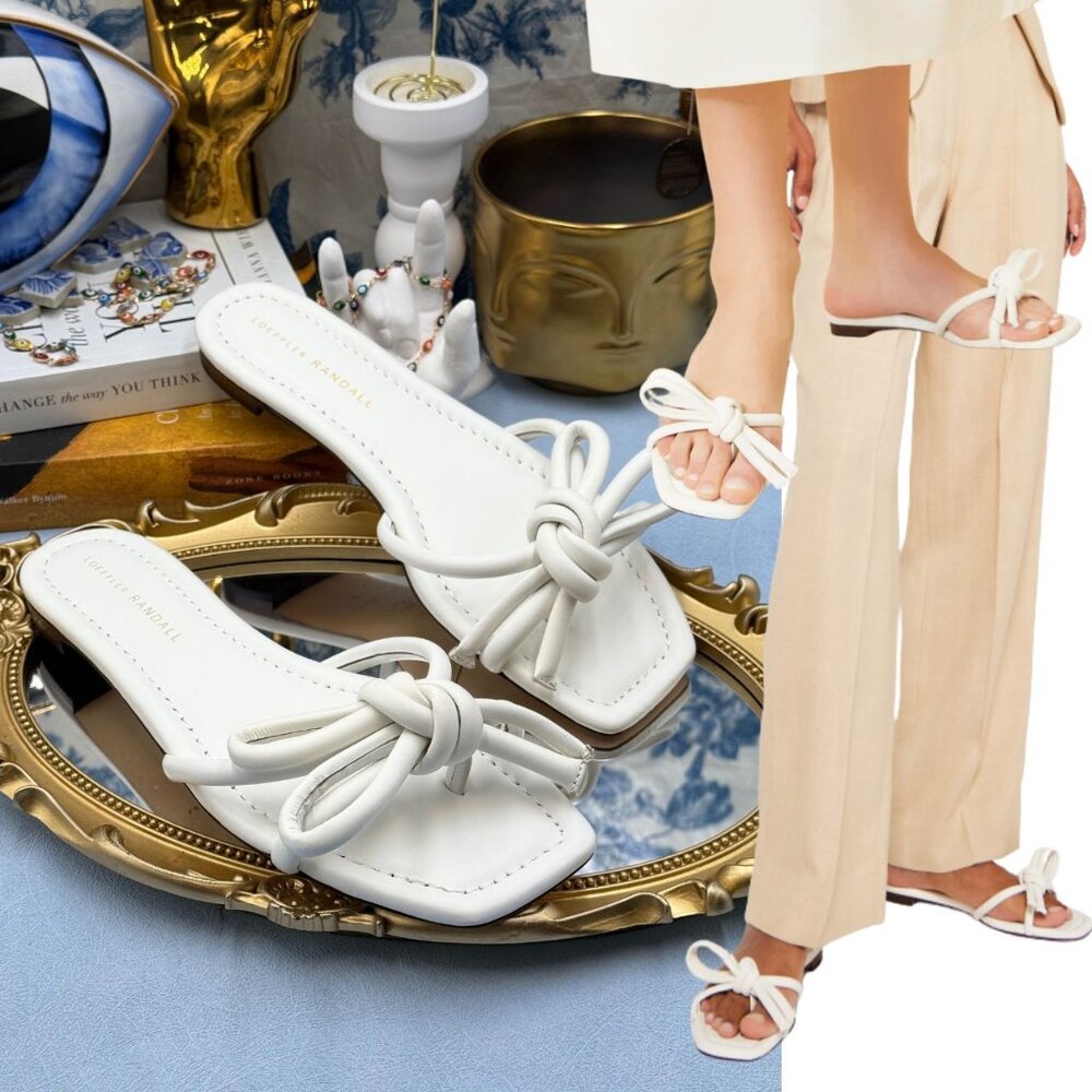🆕 LOEFFLER RANDALL 🧿 NWOB Hadley Leather Bow Flat Sandals, White - Sz 7.5 B